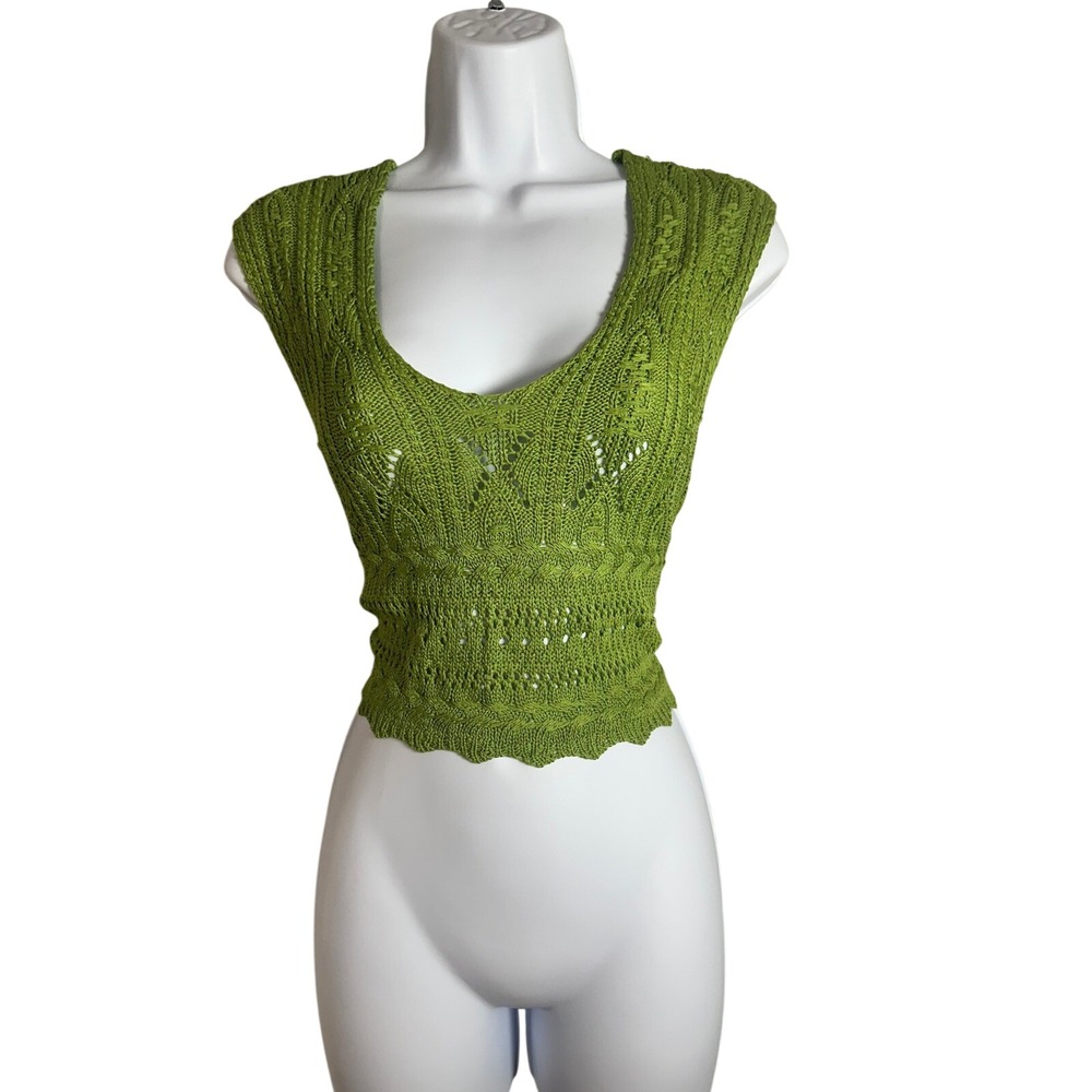 12th Tribe Green Crochet Pointelle Knit Crop Top Sleeveless V-Neck Small Boho